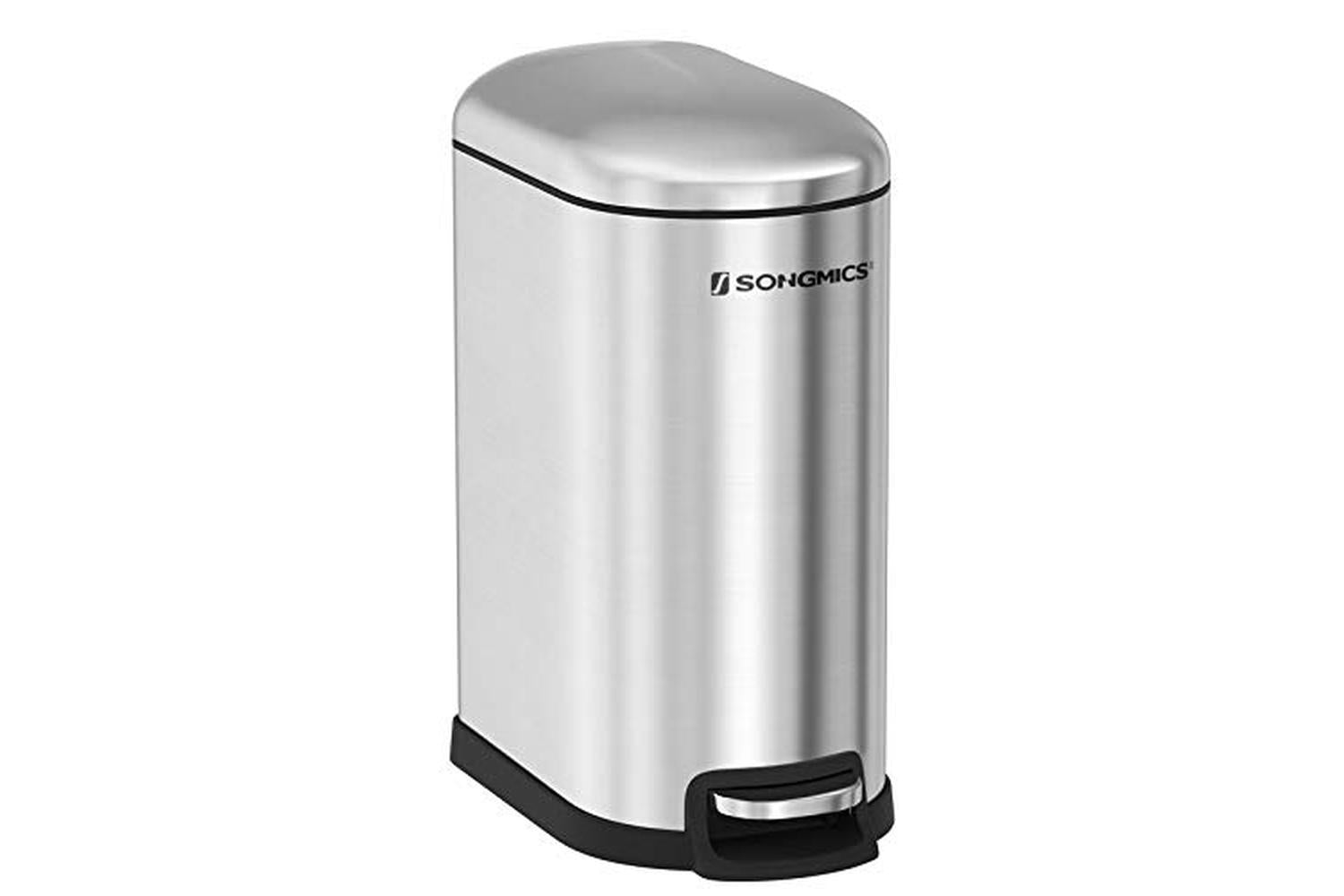 Songmics Slim Rubbish Bin, 10l Pedal Bin, Steel, Removable Inner Bucket, Slow Closure, For Narrow Space, Silver Ltb10nl