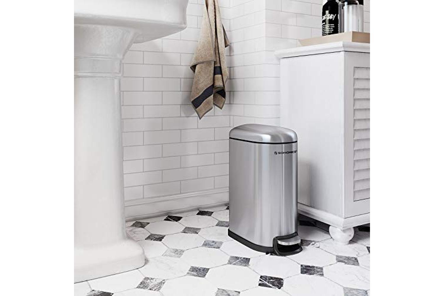 Songmics Slim Rubbish Bin, 10l Pedal Bin, Steel, Removable Inner Bucket, Slow Closure, For Narrow Space, Silver Ltb10nl-2