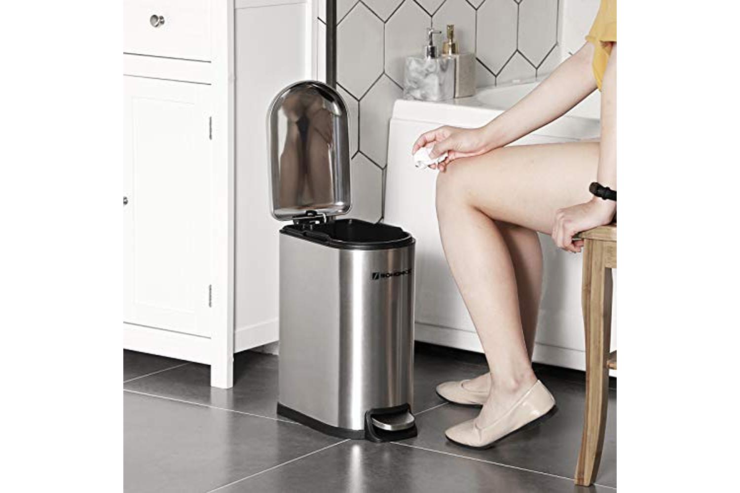 Songmics Slim Rubbish Bin, 10l Pedal Bin, Steel, Removable Inner Bucket, Slow Closure, For Narrow Space, Silver Ltb10nl-3
