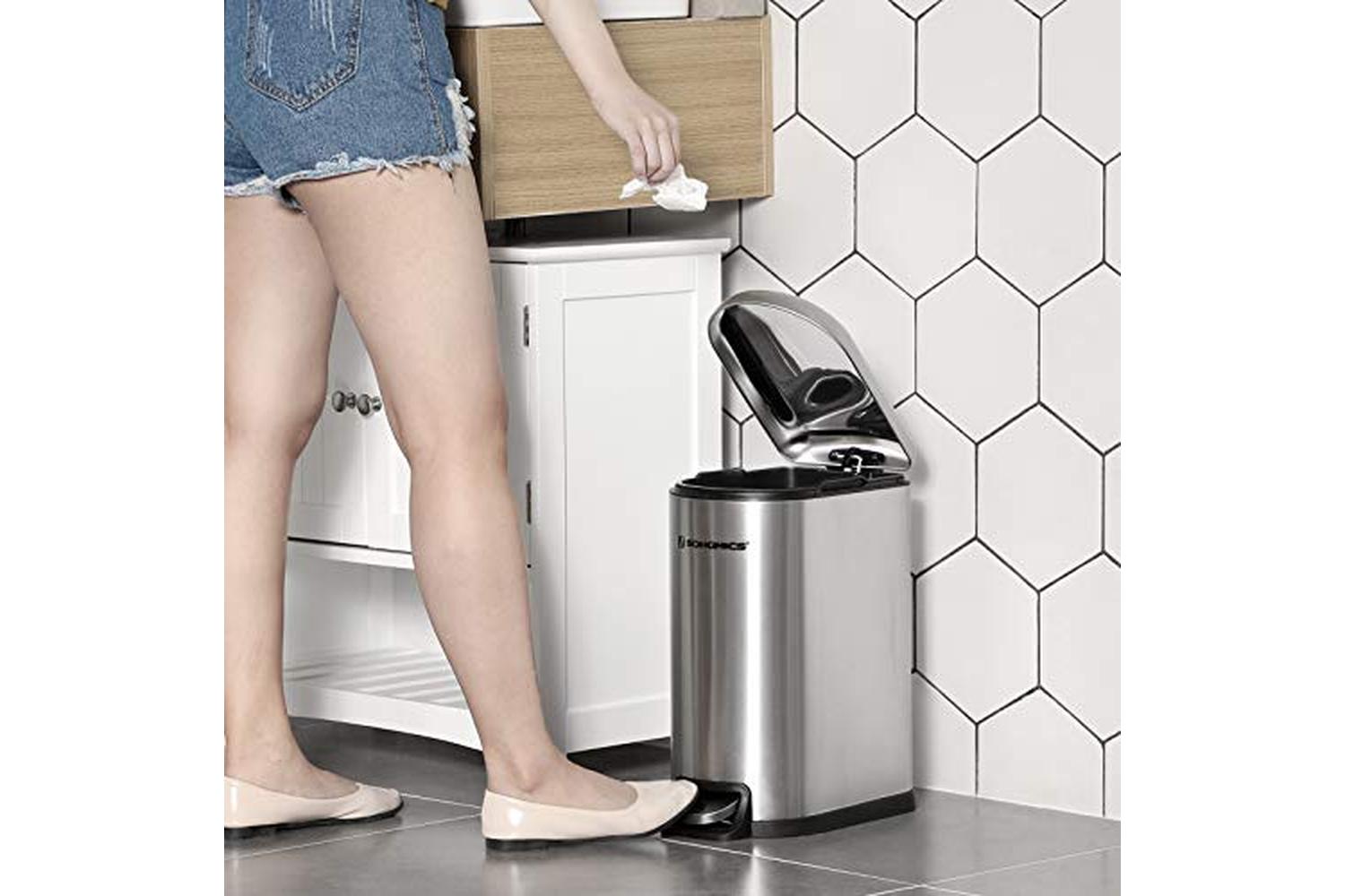 Songmics Slim Rubbish Bin, 10l Pedal Bin, Steel, Removable Inner Bucket, Slow Closure, For Narrow Space, Silver Ltb10nl-4