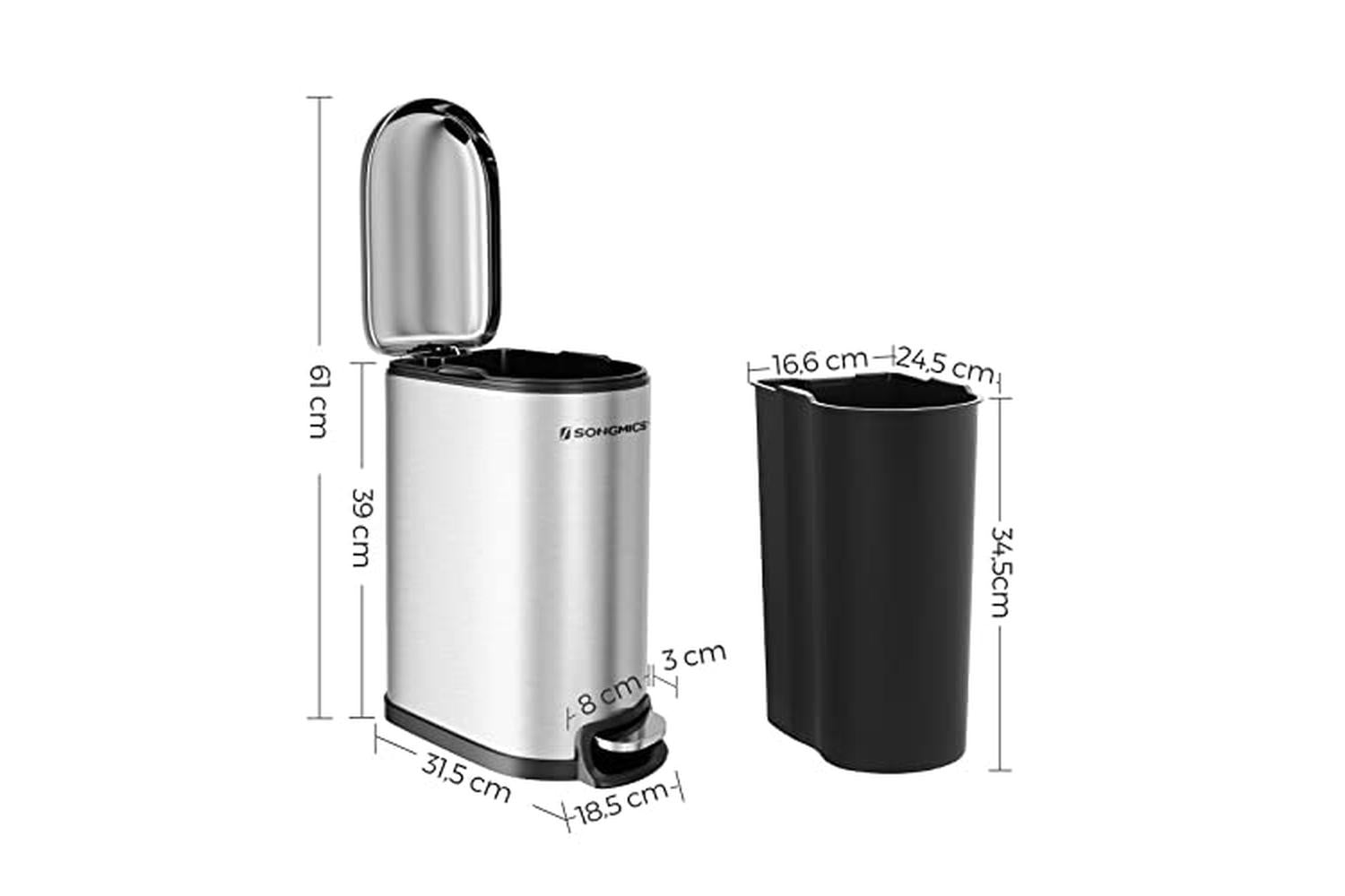 Songmics Slim Rubbish Bin, 10l Pedal Bin, Steel, Removable Inner Bucket, Slow Closure, For Narrow Space, Silver Ltb10nl-5