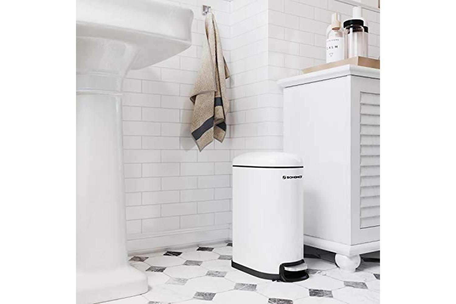 Songmics Slim Rubbish Bin, 10l Pedal Bin, Steel, Removable Inner Bucket, Slow Closure, For Narrow Space, White Ltb10wt-2