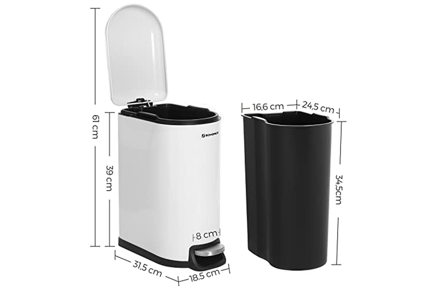 Songmics Slim Rubbish Bin, 10l Pedal Bin, Steel, Removable Inner Bucket, Slow Closure, For Narrow Space, White Ltb10wt-5