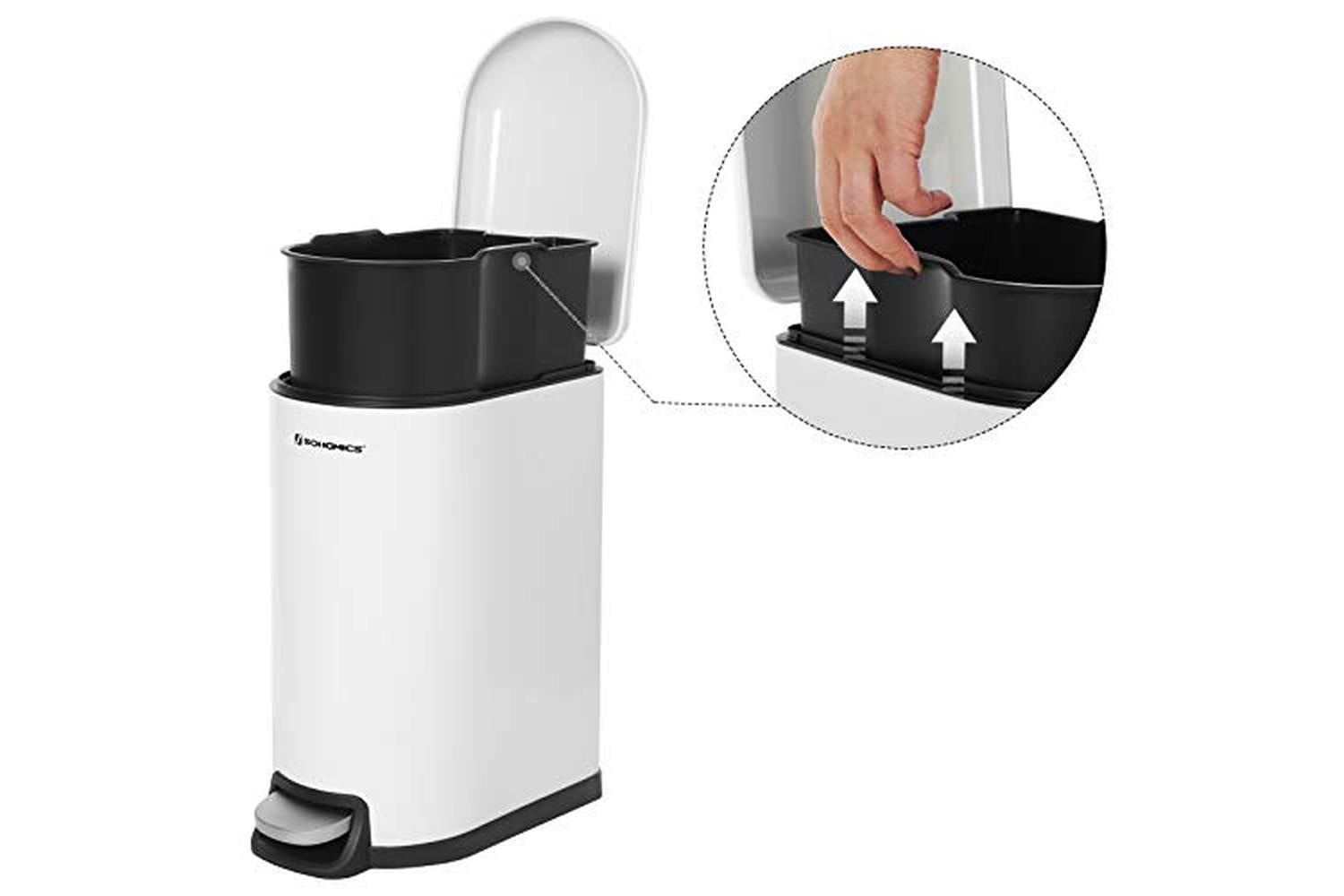 Songmics Slim Rubbish Bin, 10l Pedal Bin, Steel, Removable Inner Bucket, Slow Closure, For Narrow Space, White Ltb10wt-6