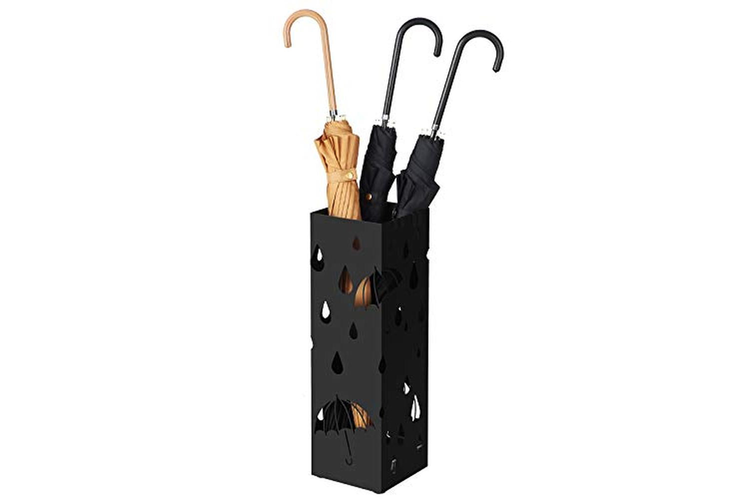 Songmics Metal Umbrella Stand, Square Umbrella Holder With Drip Tray And 4 Hooks, 15.5 X 15.5 X 49 Cm, Black Luc49b-2