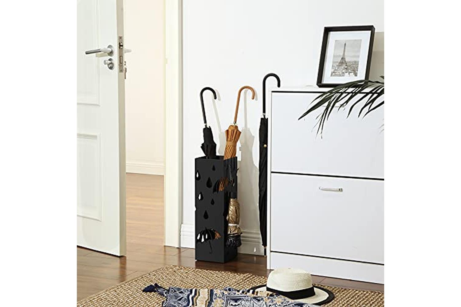 Songmics Metal Umbrella Stand, Square Umbrella Holder With Drip Tray And 4 Hooks, 15.5 X 15.5 X 49 Cm, Black Luc49b-3