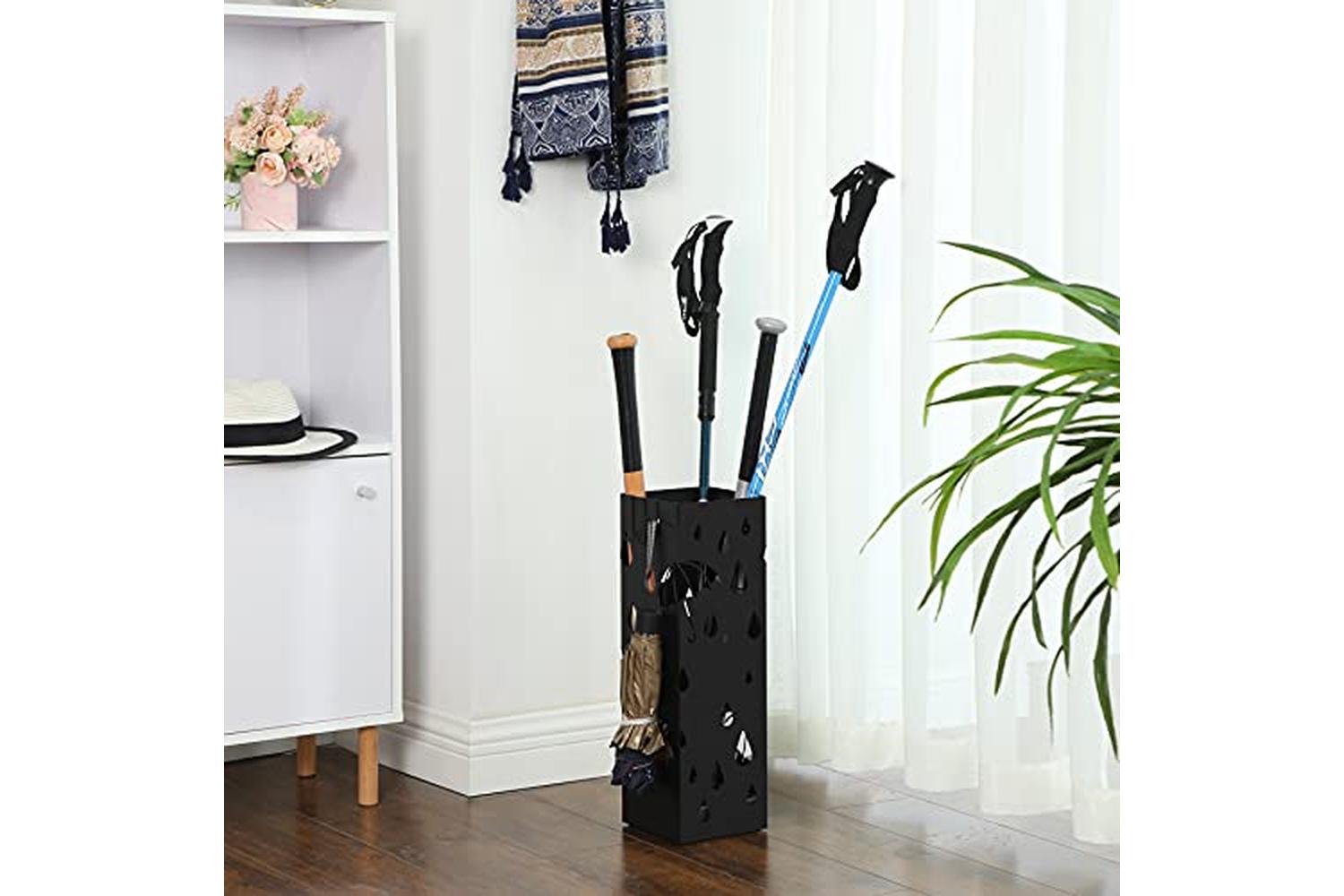 Songmics Metal Umbrella Stand, Square Umbrella Holder With Drip Tray And 4 Hooks, 15.5 X 15.5 X 49 Cm, Black Luc49b-4