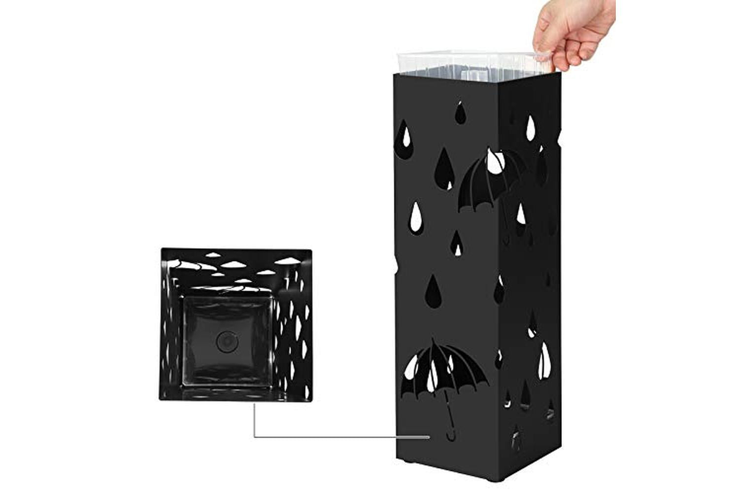 Songmics Metal Umbrella Stand, Square Umbrella Holder With Drip Tray And 4 Hooks, 15.5 X 15.5 X 49 Cm, Black Luc49b-7