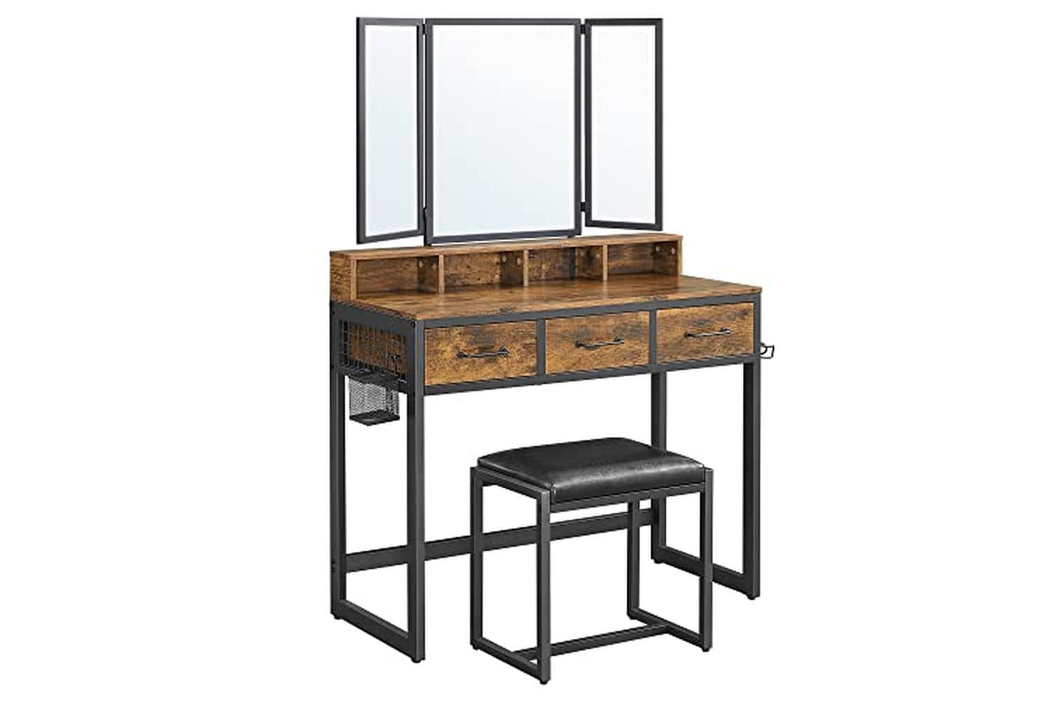 Vasagle Vanity Table Mirror and Stool with Tri-Fold Mirror | Rustic Brown/Black