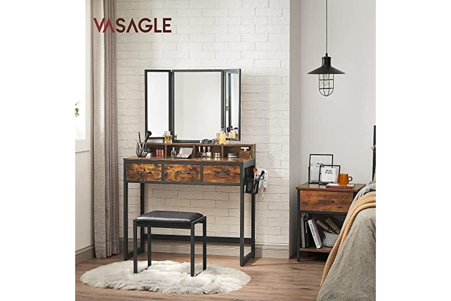Vasagle Vanity Table Mirror and Stool with Tri-Fold Mirror | Rustic Brown/Black-2