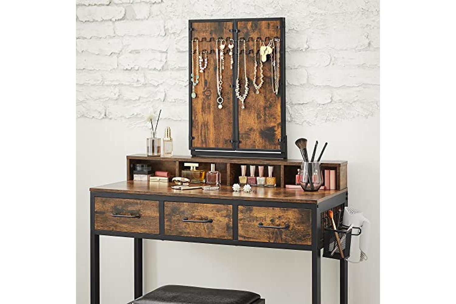 Vasagle Vanity Table Mirror and Stool with Tri-Fold Mirror | Rustic Brown/Black-3