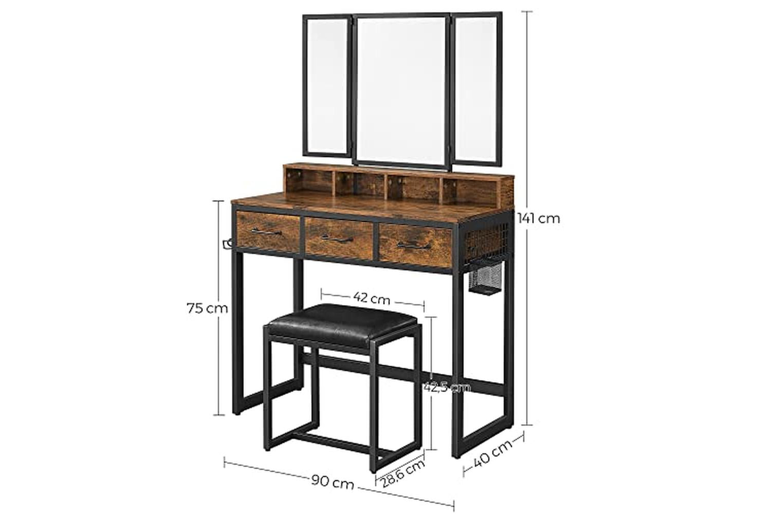 Vasagle Vanity Table Mirror and Stool with Tri-Fold Mirror | Rustic Brown/Black-6