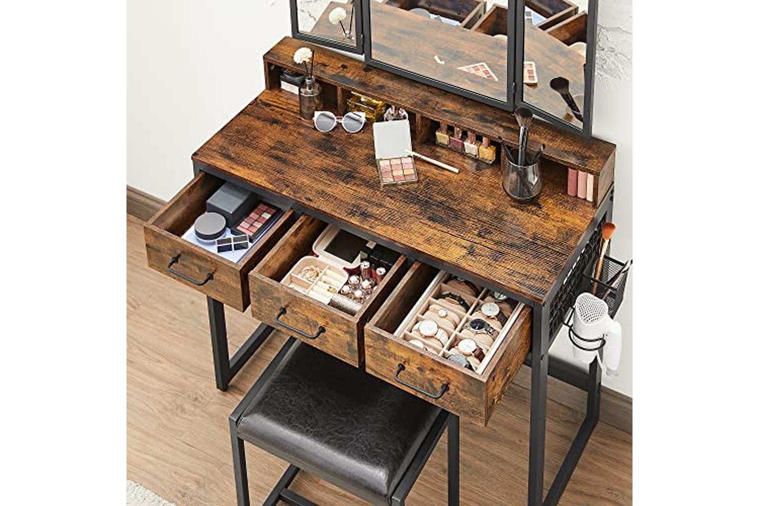 Vasagle Vanity Table Mirror and Stool with Tri-Fold Mirror | Rustic Brown/Black-7