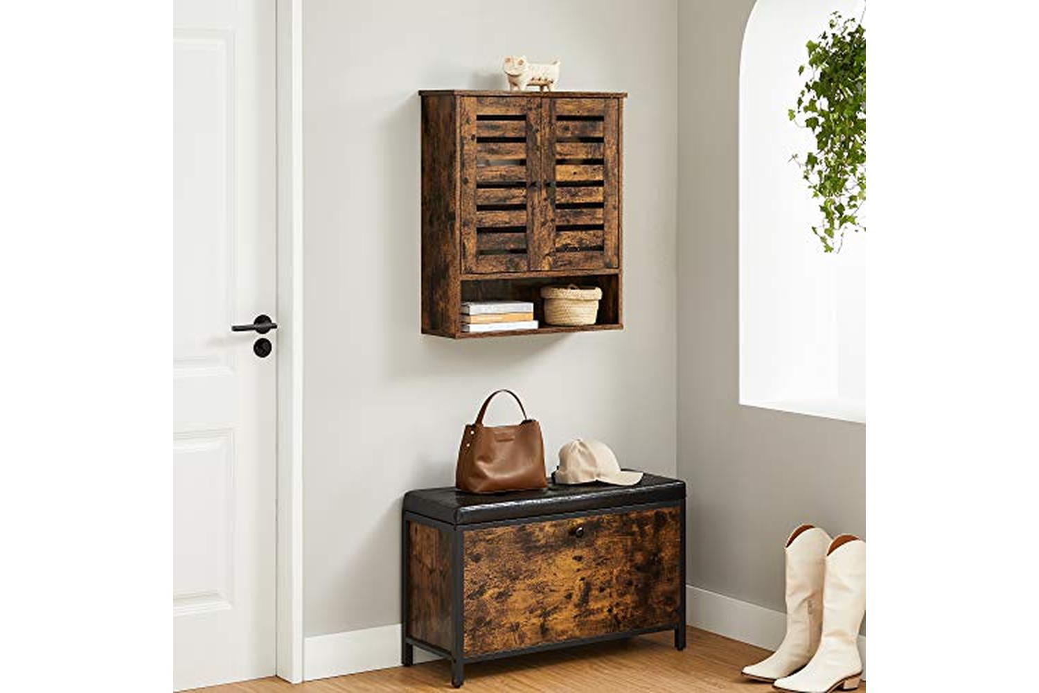 Vasagle Hanging Bathroom Storage with Adjustable Shelf and Double Shutter Doors | Rustic Brown-2