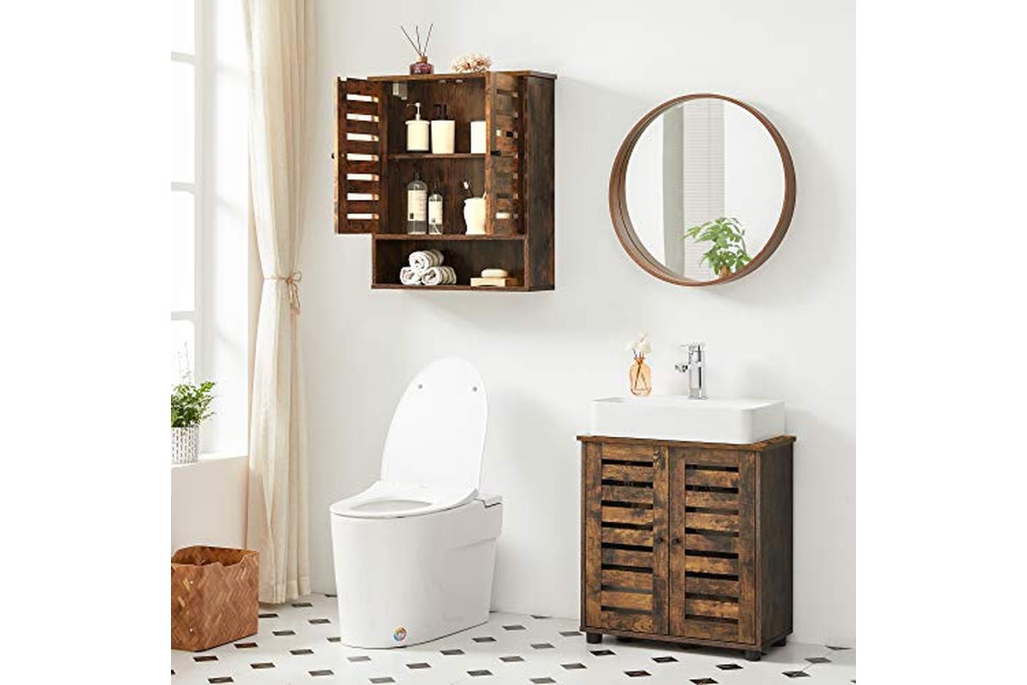 Vasagle Hanging Bathroom Storage with Adjustable Shelf and Double Shutter Doors | Rustic Brown-3