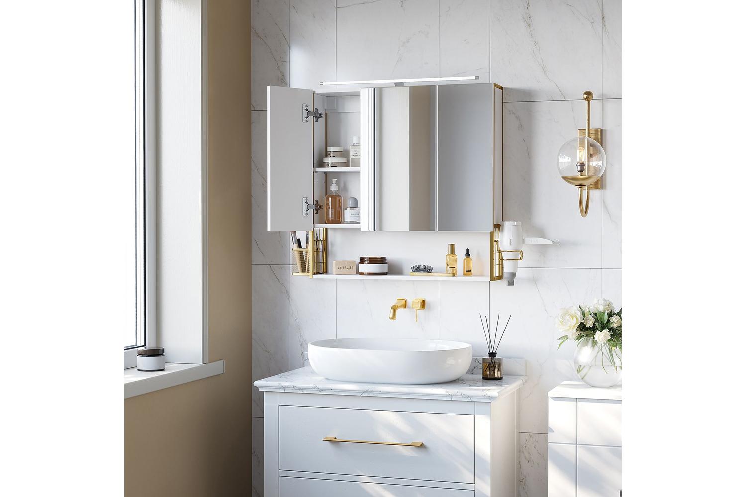 Classy Vasagle Bbk129g01 Mirror Cabinet With Led Light, Gold And White - Timeless Bathroom Storage-2