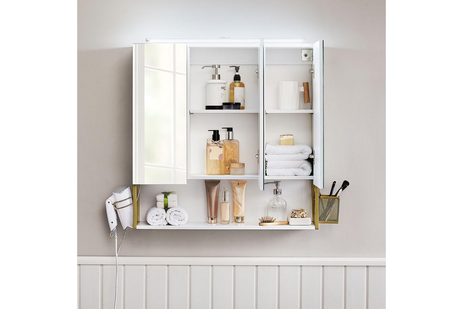 Classy Vasagle Bbk129g01 Mirror Cabinet With Led Light, Gold And White - Timeless Bathroom Storage-6