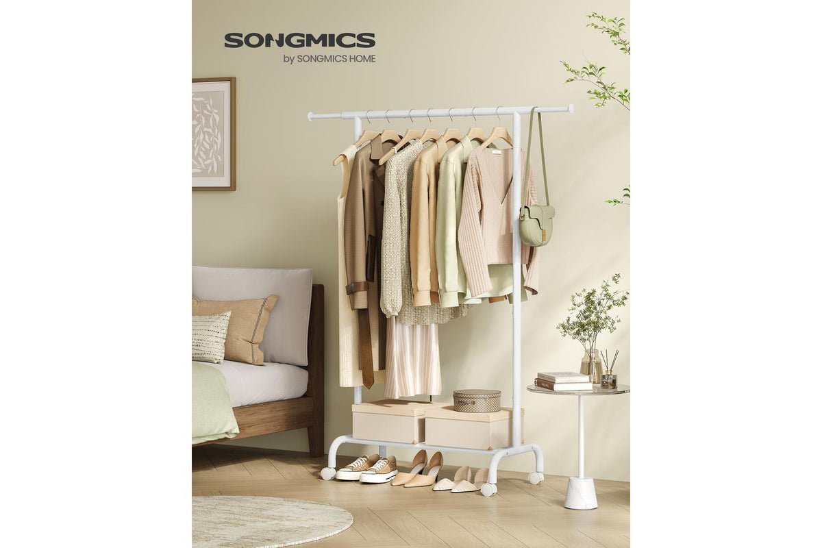 Extendable Clothes Rack With Wheels | Clothes Storage | Steel | White-2
