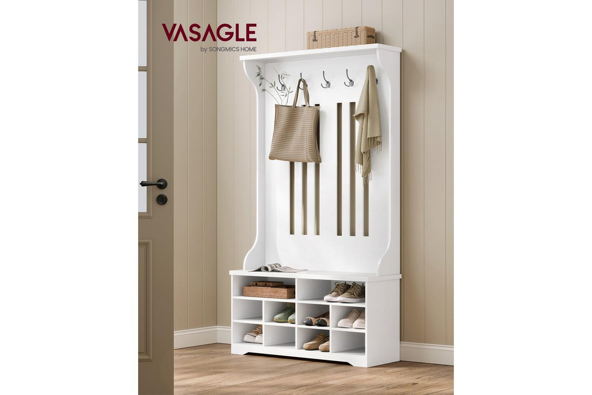 Entryway Coat Rack With Shoe Bench | Hallway Storage Unit | White Composite Wood | 100 X 42.2 X 182.6 Cm-2