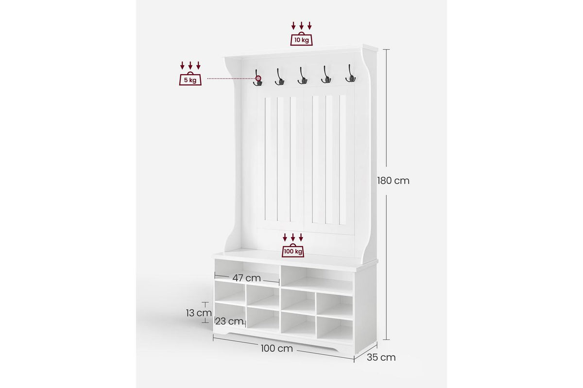 Entryway Coat Rack With Shoe Bench | Hallway Storage Unit | White Composite Wood | 100 X 42.2 X 182.6 Cm-7