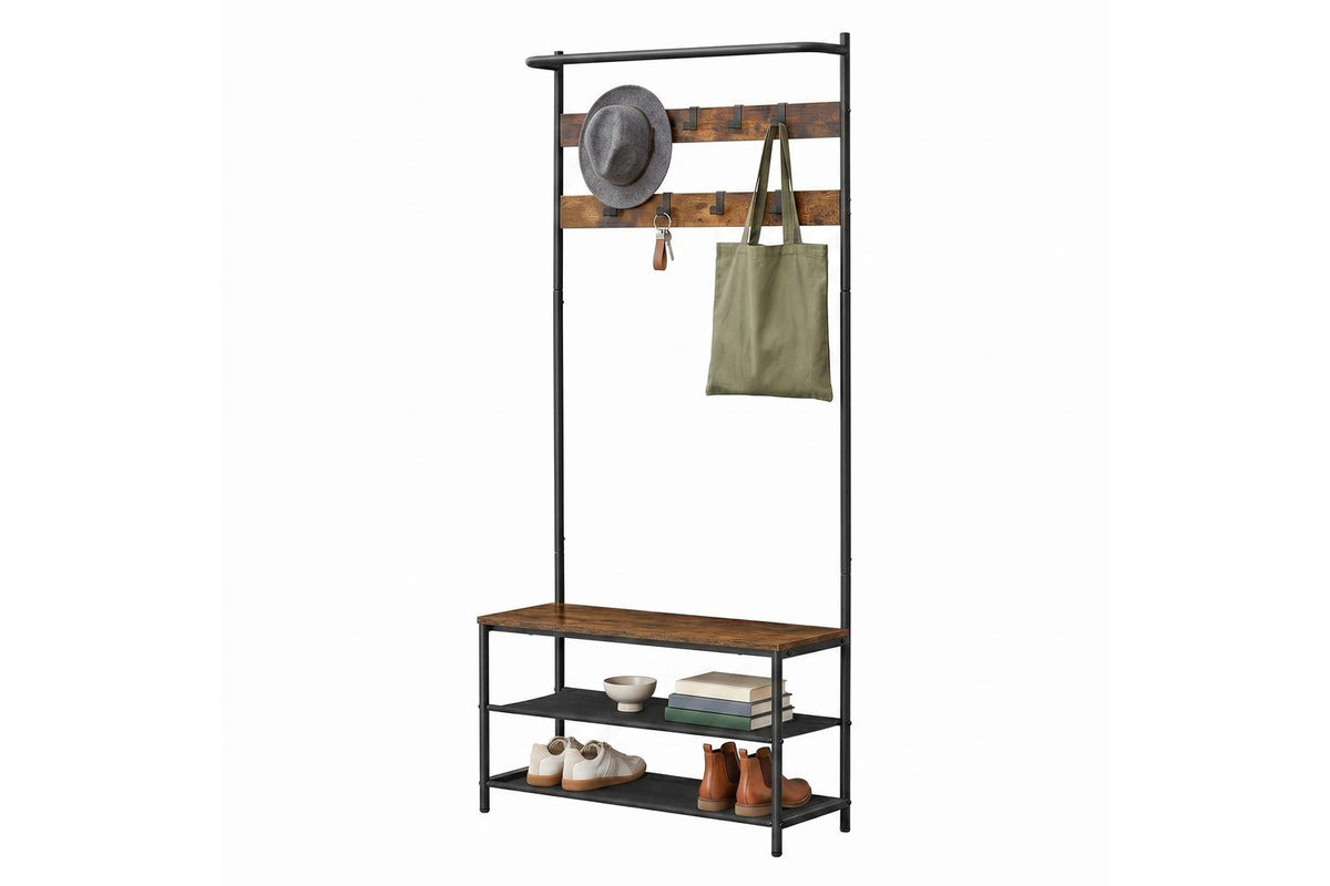Entryway Coat Rack With Shoe Storage | Industrial Bench | Brown And Black | 9 Hooks-2