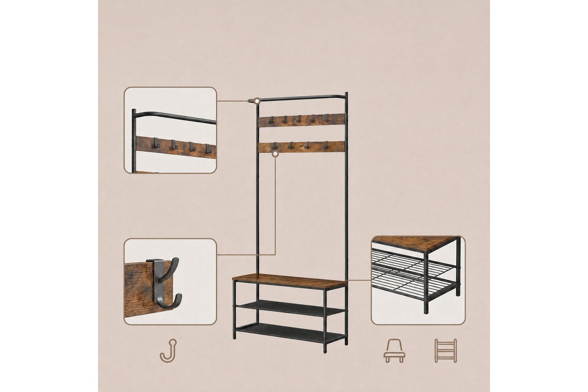 Entryway Coat Rack With Shoe Storage | Industrial Bench | Brown And Black | 9 Hooks-7
