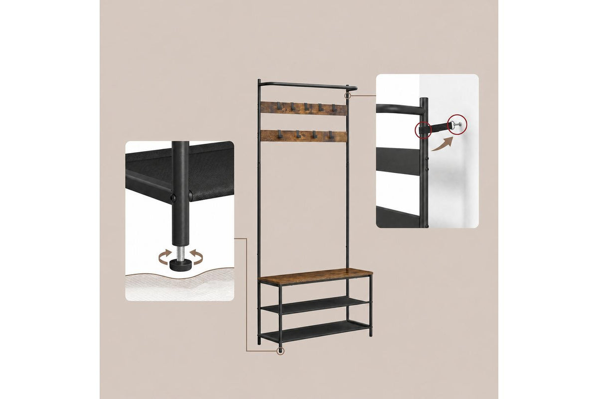 Entryway Coat Rack With Shoe Storage | Industrial Bench | Brown And Black | 9 Hooks-8