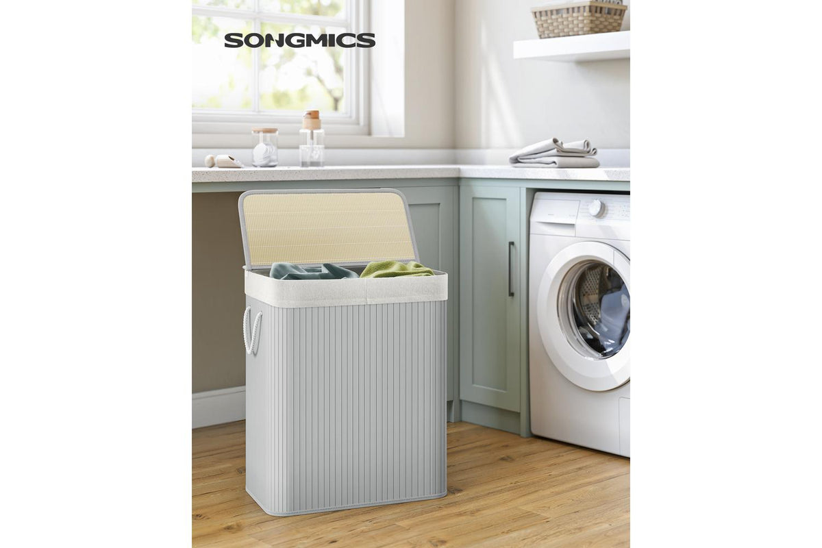 Songmics Divided Laundry Basket With Lid | Bamboo Laundry Hamper | 2 Sections | 100l | Grey-2