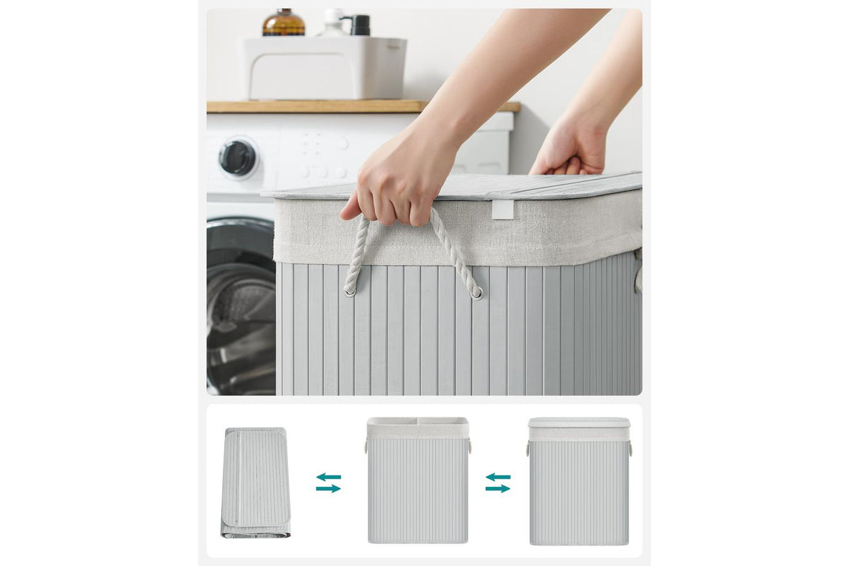 Songmics Divided Laundry Basket With Lid | Bamboo Laundry Hamper | 2 Sections | 100l | Grey-8