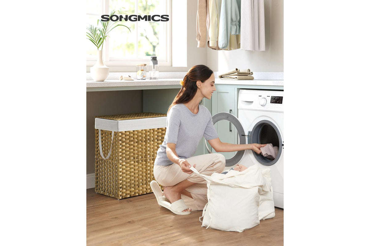 Synthetic Rattan Laundry Basket With Lid | Laundry Hamper | Yellow And White | 110 Litre-2