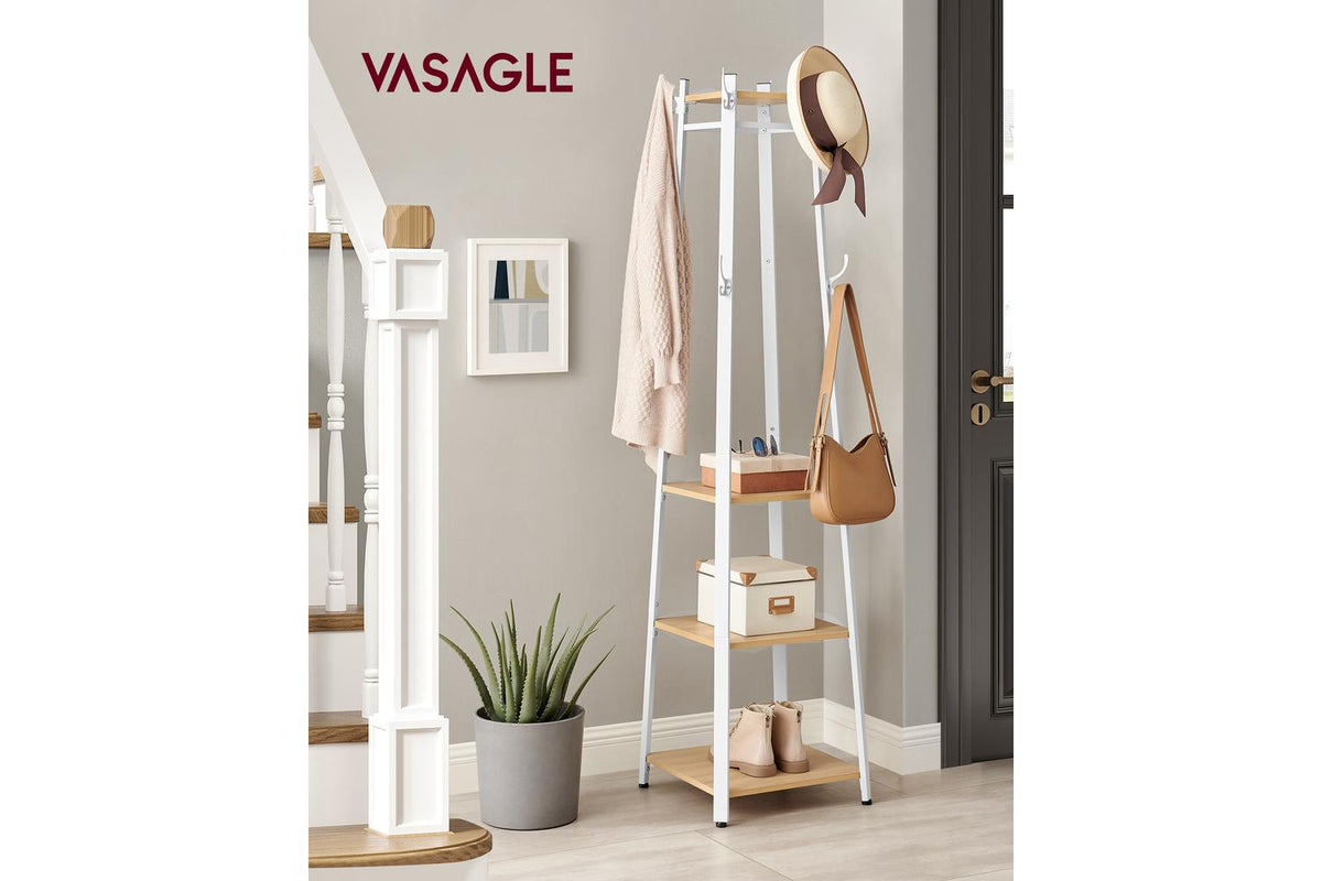 Coat Rack With 3 Shelves | Hall Tree Free Standing With Hooks | Steel Frame | Oak And White | 181.7cm-2