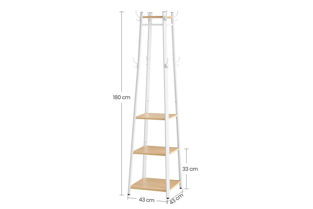Coat Rack With 3 Shelves | Hall Tree Free Standing With Hooks | Steel Frame | Oak And White | 181.7cm-7