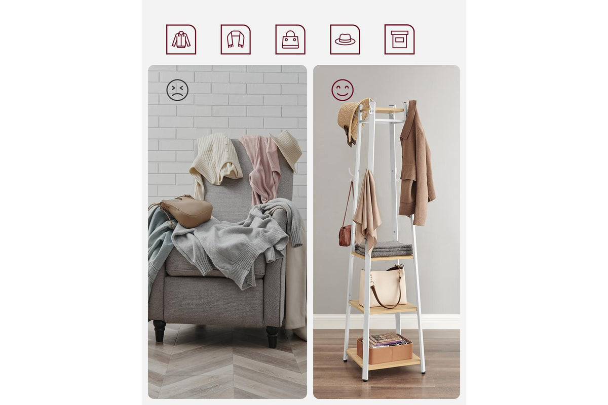 Coat Rack With 3 Shelves | Hall Tree Free Standing With Hooks | Steel Frame | Oak And White | 181.7cm-8