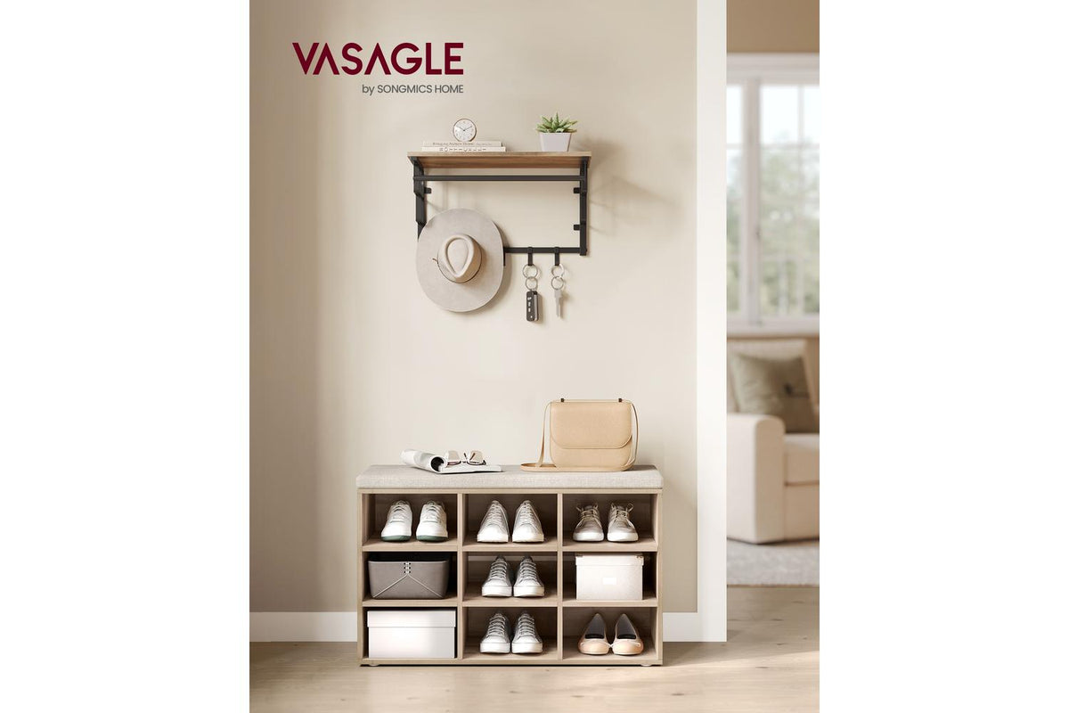 Vasagle Shoe Bench | Storage Bench With Padded Seat | Particleboard | 9 Compartments | Camel Brown-2