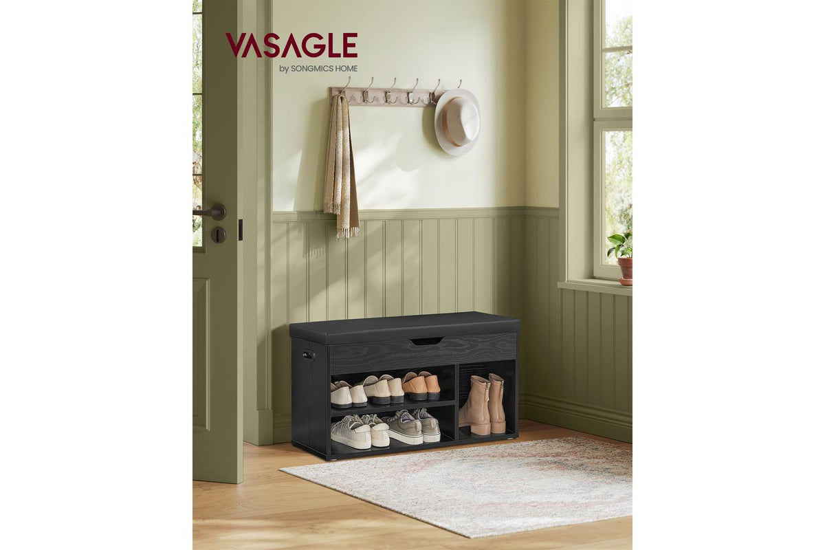 Storage Bench With Cushion | Shoe Bench | Ebony Black | 3 Compartments-2