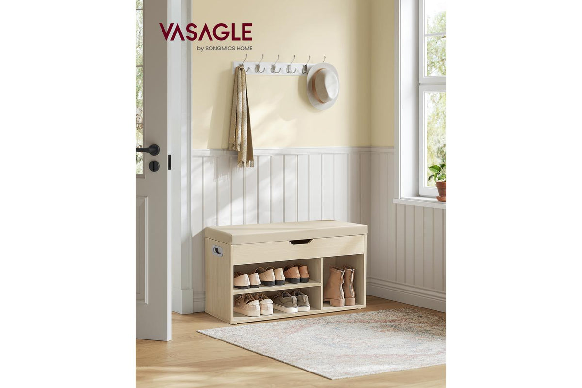 Shoe Bench With Padded Seat | Upholstered Hallway Storage Bench | Light Wood | 80 X 30 X 44 Cm-2