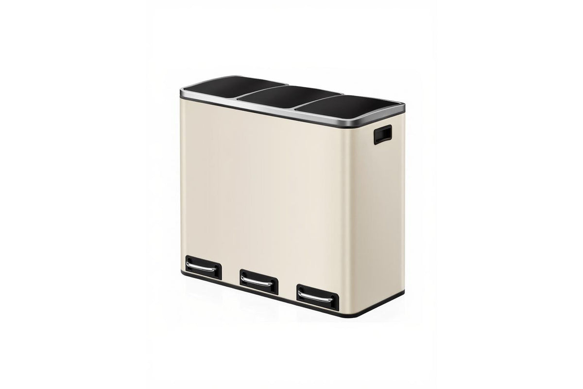 3-compartment Kitchen Rubbish Bin | Recycling Bin | Steel | 54 Litre | Sand Beige-2