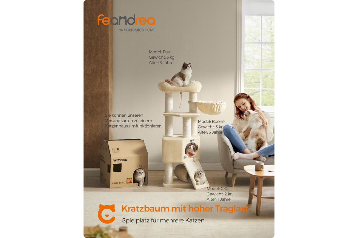 Feandrea Large Cat Tree With Cave Hammock Plush Platform Tunnel Sisal Posts Scratching Board Beige | Cat Tree | Plush Sisal | Large-2