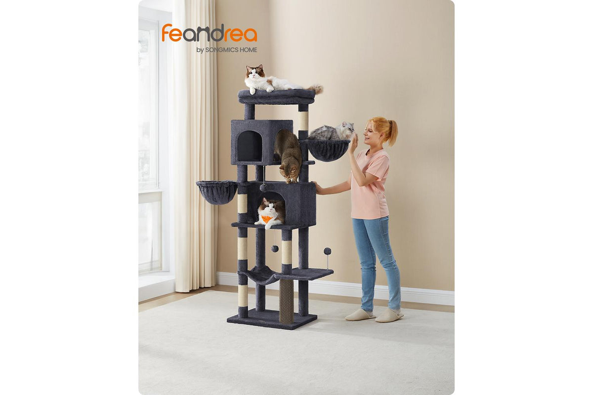 Feandrea Cat Tree Multi-level Tower With Scratching Posts And Caves | Short Pile Plush Fabric | 69 X 43 X 178 Cm-2