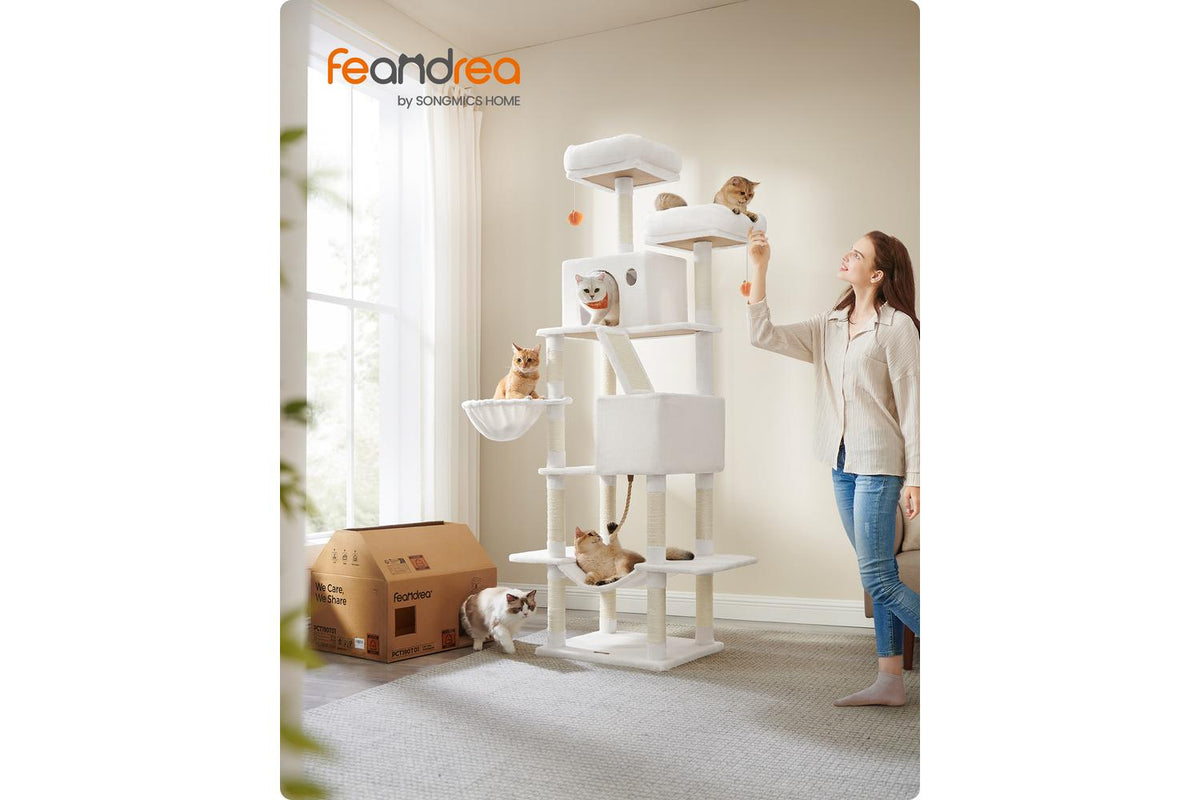 Multi-level Plush Cat Tree Tower | Cat Tree | Plush & Sisal | 206cm White-2