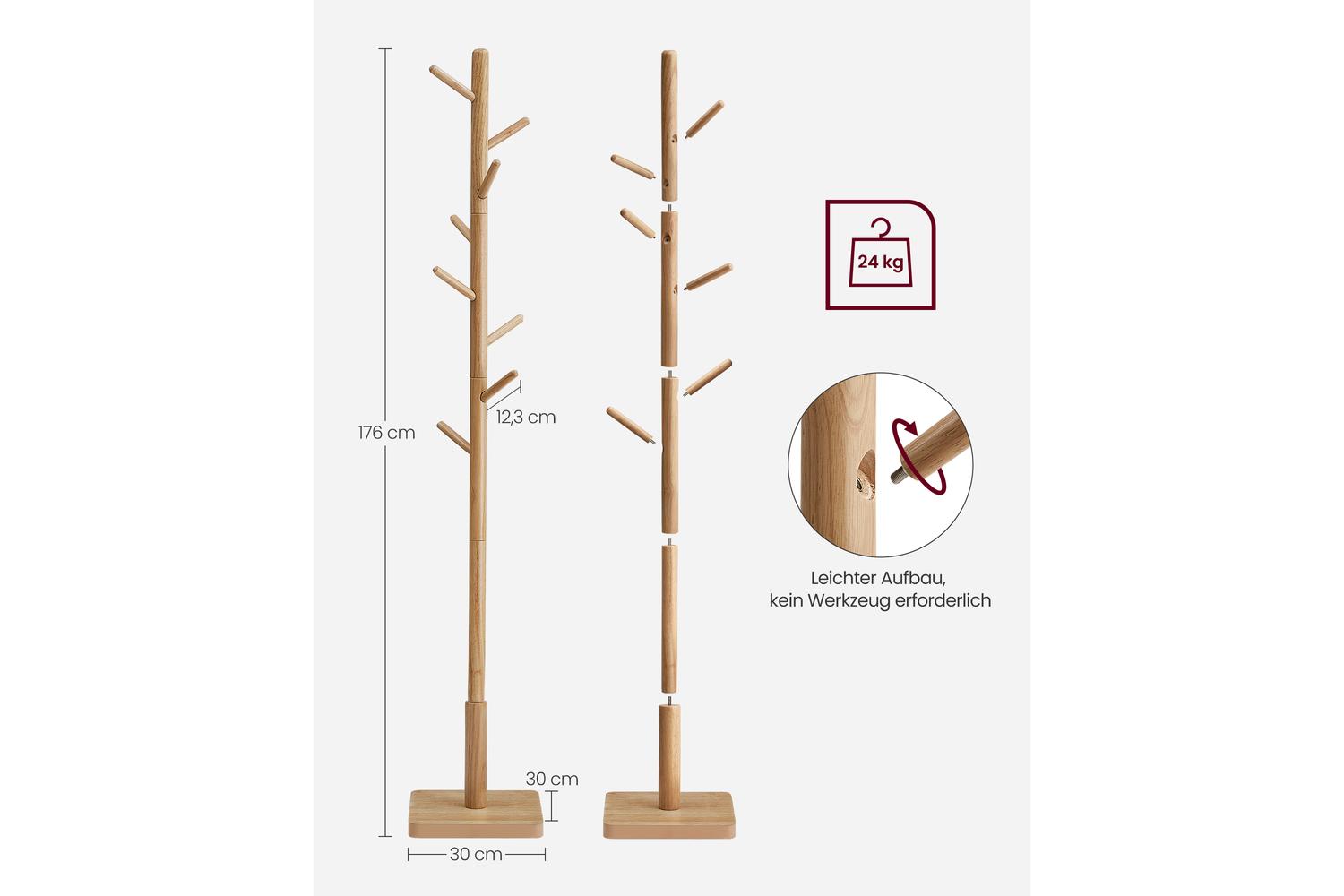 Vasagle Rcr010n01 Coat Rack, Versatile And Adjustable, Rubberwood Coat Stand, Coat, Hat And Shoe Racks, Storage And Organisation, Sophisticated Natural Beige Finish-6