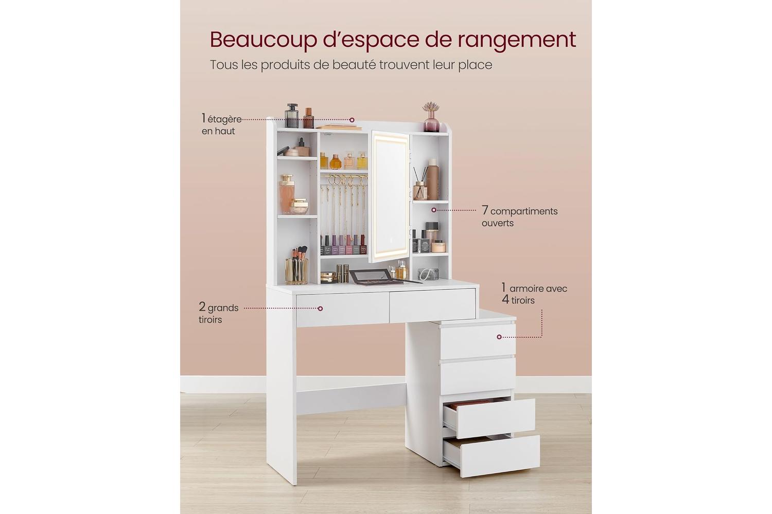 Vasagle Rdt124w01v1 Vanity Table Modern Cloud White With Led Light, Plenty Storage, & Adjustable Shelves-3