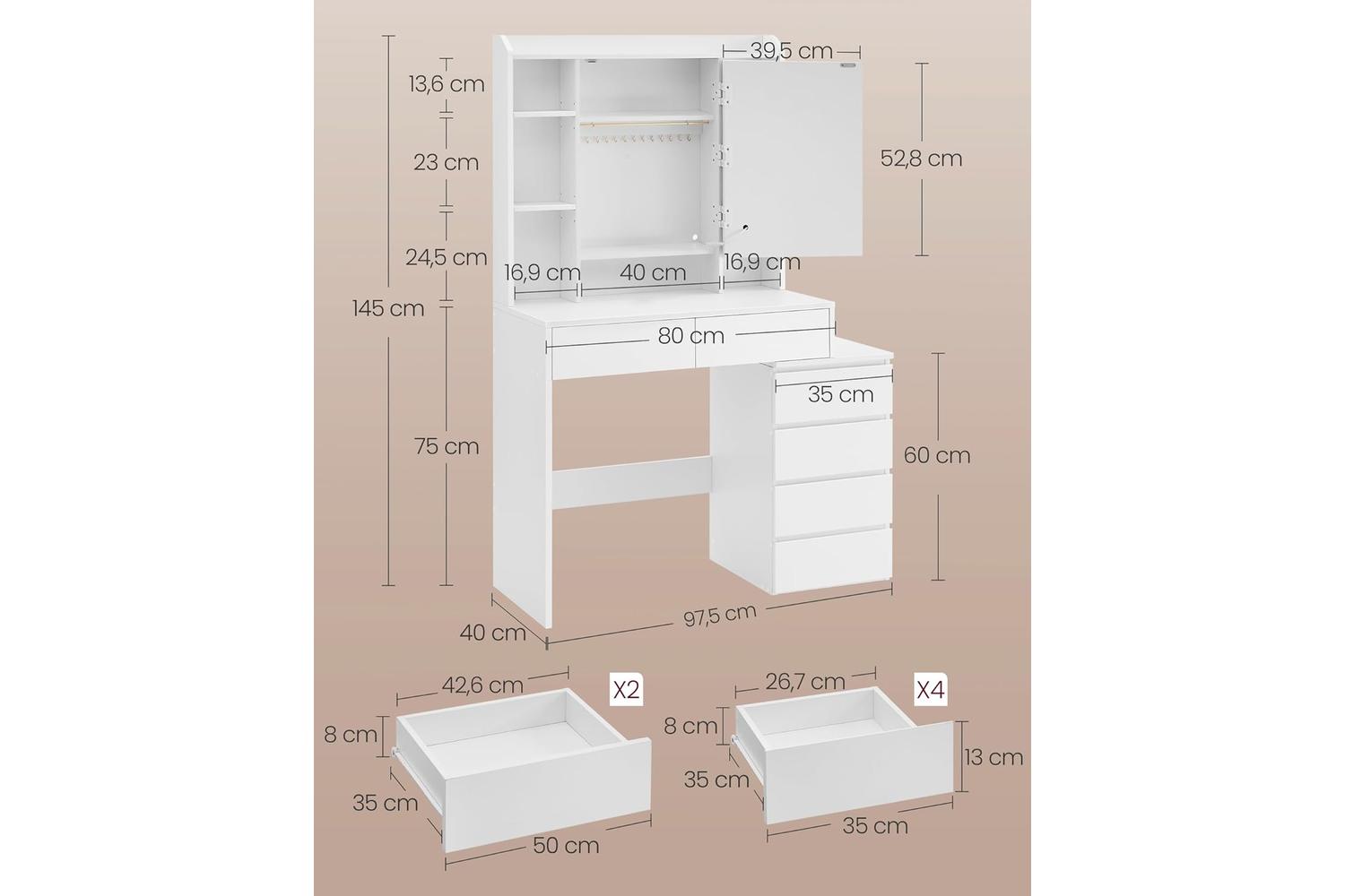 Vasagle Rdt124w01v1 Vanity Table Modern Cloud White With Led Light, Plenty Storage, & Adjustable Shelves-4