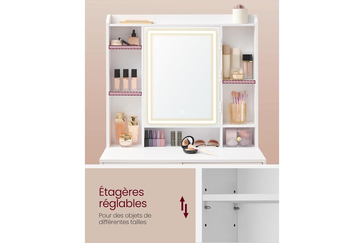 Vasagle Rdt124w01v1 Vanity Table Modern Cloud White With Led Light, Plenty Storage, & Adjustable Shelves-5
