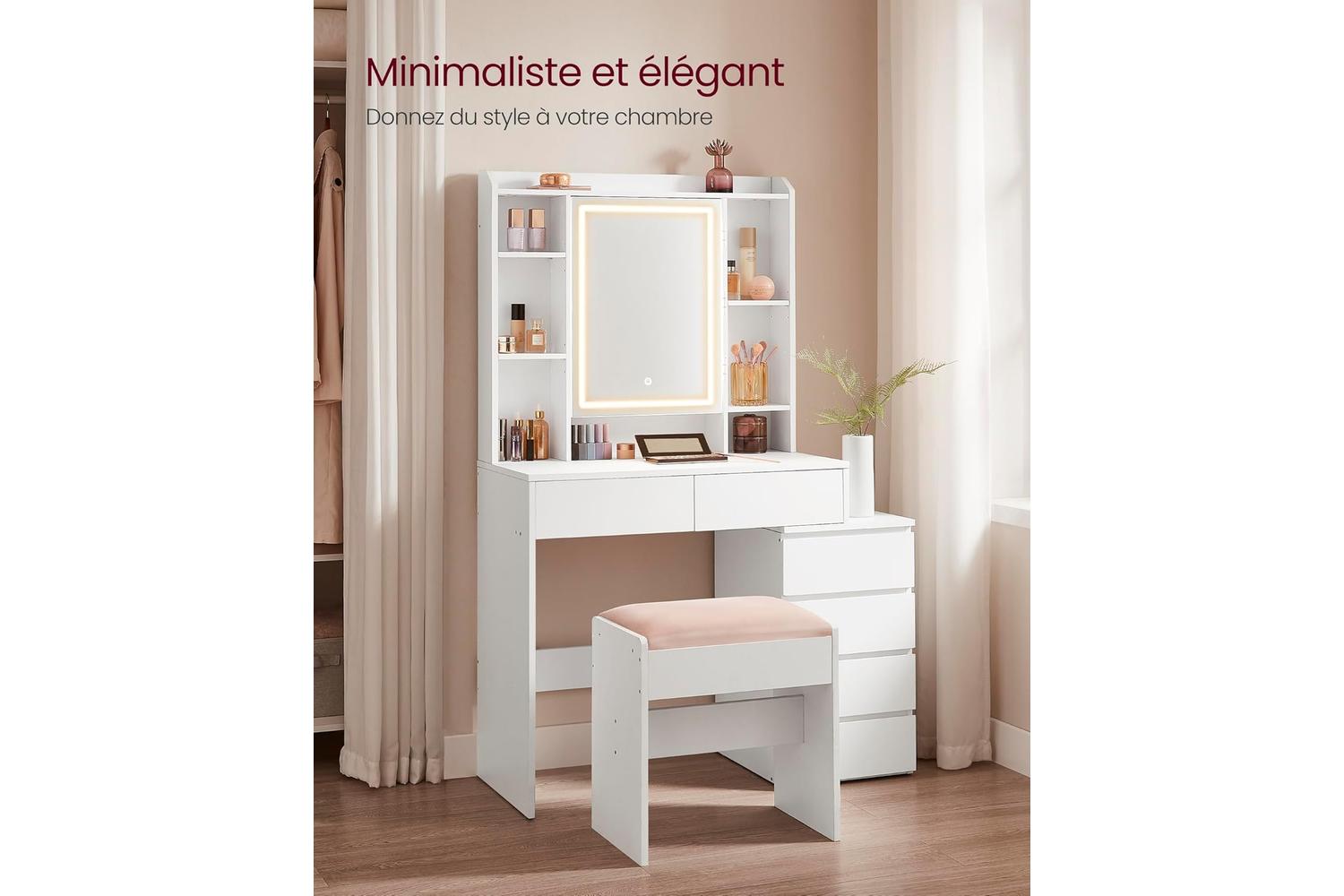 Vasagle Rdt124w01v1 Vanity Table Modern Cloud White With Led Light, Plenty Storage, & Adjustable Shelves-6