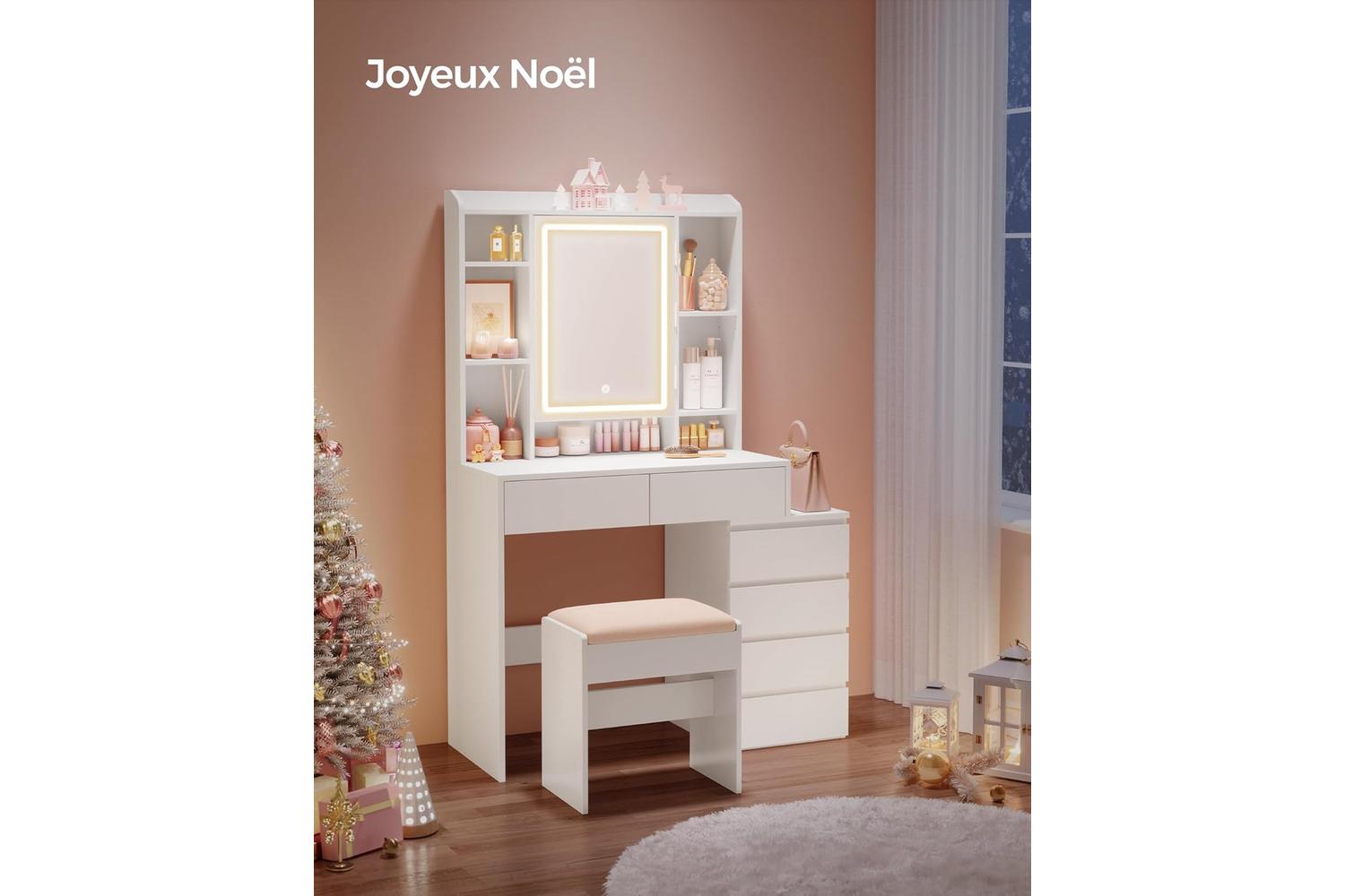 Vasagle Rdt124w01v1 Vanity Table Modern Cloud White With Led Light, Plenty Storage, & Adjustable Shelves-7