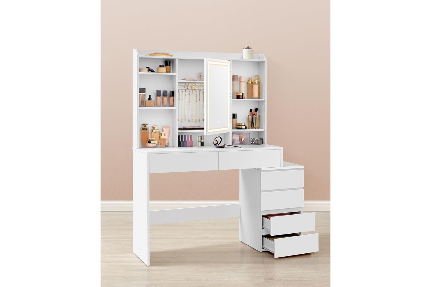 Vasagle Vanity Table With Led Lighting, Adjustable Storage Shelves-4