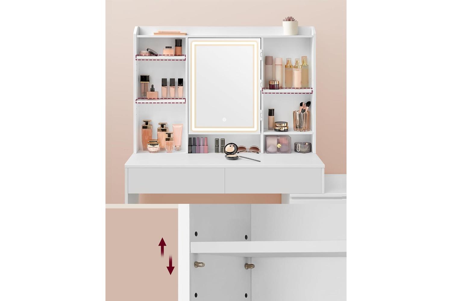 Vasagle Vanity Table With Led Lighting, Adjustable Storage Shelves-5