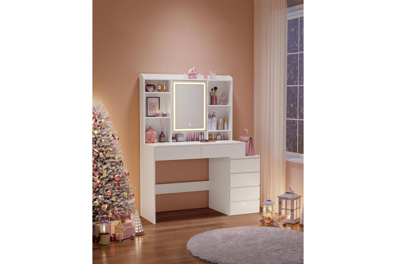 Vasagle Vanity Table With Led Lighting, Adjustable Storage Shelves-6