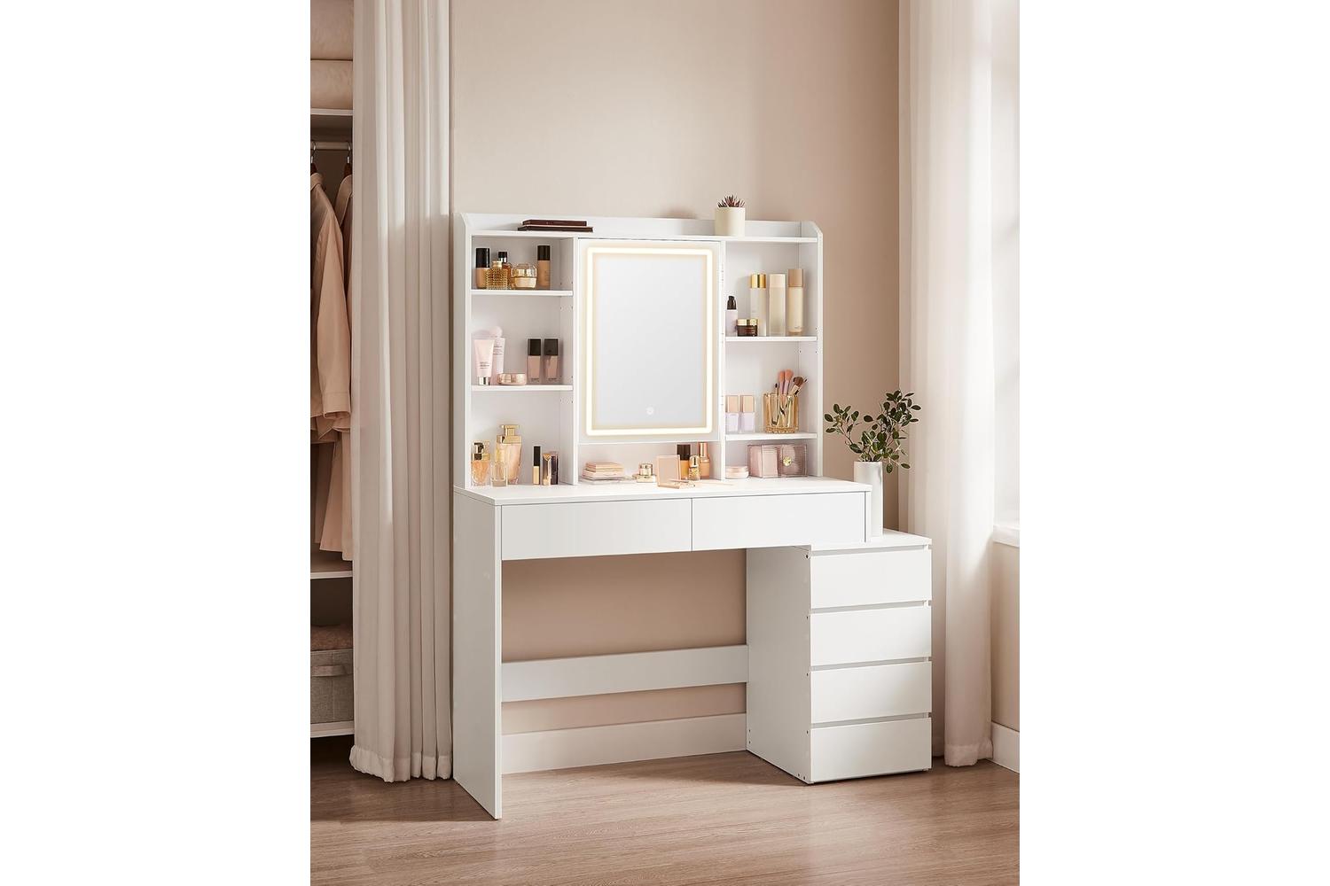 Vasagle Vanity Table With Led Lighting, Adjustable Storage Shelves-7